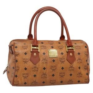 MCM Logogram Vicetos Hand Bag PVC Leather Brown Gold Auth 133833